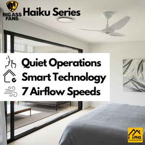 Big Ass Fans Haiku 52" Ceiling Fan with Caramel Aluminum Blades and White Finish, Downrod 32", Covered Outdoors