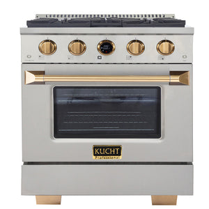 Kucht 30" 4.2 cu. ft. 4 Burner Natural Gas Dual Fuel Range in Stainless Steel with Gold Accents and Digital Thermostat