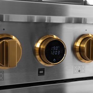 Kucht 30" 4.2 cu. ft. 4 Burner Natural Gas Dual Fuel Range in Stainless Steel with Gold Accents and Digital Thermostat