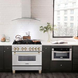 ZLINE Autograph 36" 4.6 cu. ft. Legacy Dual Fuel Range with 6 Burner Gas Cooktop and Electric Convection Oven in Satin Stainless Steel and Polished Gold Accents, RASZ-SN-36-G