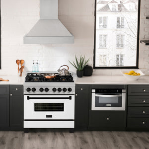ZLINE Autograph 36" 4.6 cu. ft. Legacy Dual Fuel Range with 6 Burner Gas Cooktop and Electric Convection Oven in Satin Stainless Steel with White Matte Door and Matte Black Accents, RASZ-WM-36-MB