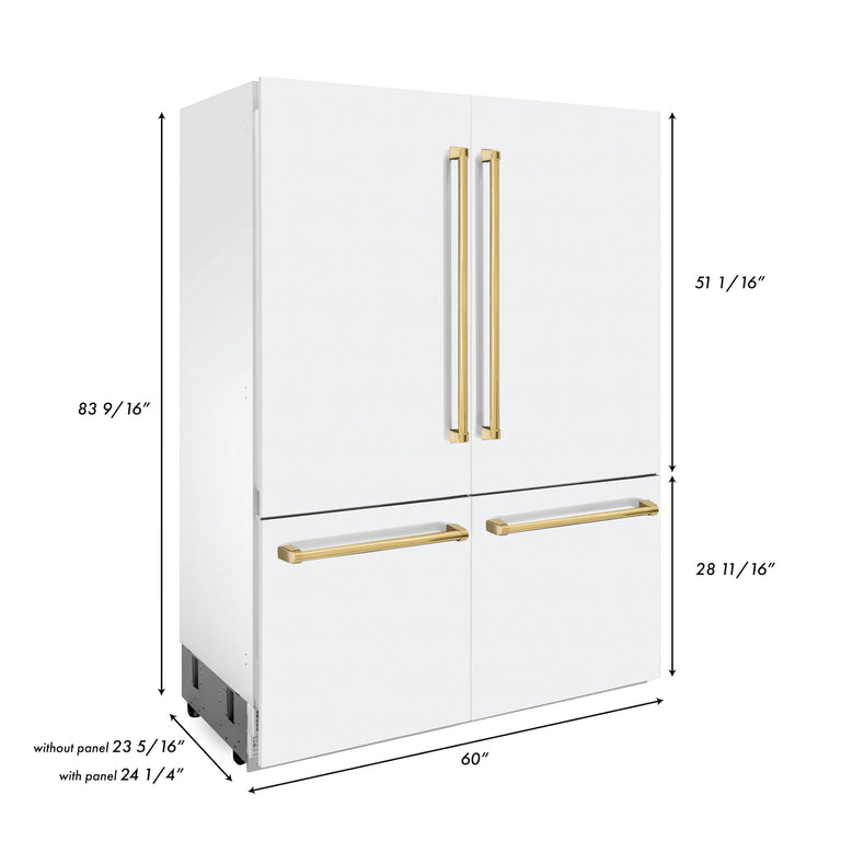 ZLINE 60 In. 32.2 cu. ft. Built-In Refrigerator with Internal Water and Ice Dispenser in White Matte with Gold Accents, RBIVZ-WM-60-G