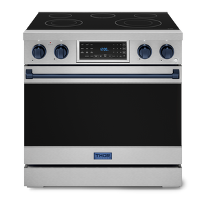Gordon Ramsay by THOR Kitchen 36" 6.0 cu. ft. Professional Electric Range with Tilt Panel Touch Control, Self-Clean and Air Fry in Stainless Steel with Navy Blue Accents, RSE36-BLU