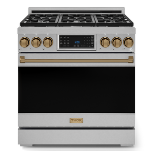 Gordon Ramsay by THOR Kitchen 36" 6.0 cu. ft. Professional Natural Gas Range with Tilt Panel Touch Control, Self-Clean and Air Fry in Stainless Steel with Bronze Accents, RSG36-BRZ