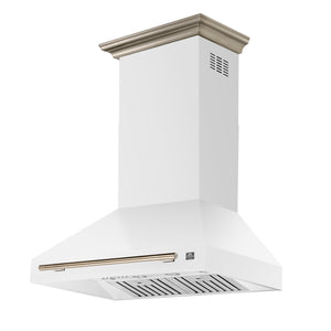 FORNO Aria 36" 1200 CFM Convertible Wall Mount Range Hood with White Hood and Antique Brass Accents, FRHWM5095-36WHT