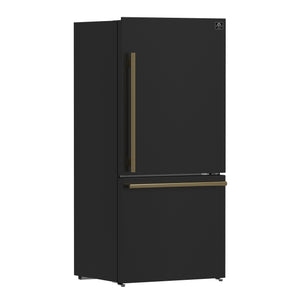 FORNO Espresso Milano 31" 17.2 cu. ft. Right Swing Refrigerator and Bottom Freezer in Black with Antique Brass Handles, FFFFD1785-31BLK