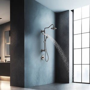 FORNO AcquaFALL Traditional Arm Shower System with 8" 6 Function Rainfall Shower Head, 5-in-1 Handheld Shower and 3 Function Body Jet in Matte Black