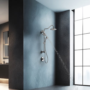 FORNO AcquaFALL Traditional Arm Shower System with 8" 6 Function Rainfall Shower Head, 5-in-1 Handheld Shower and 3 Function Body Jet in Brushed Nickel