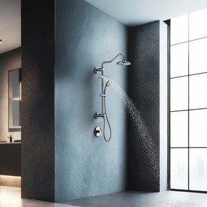 FORNO AcquaFALL Traditional Arm Shower System with 8" 6 Function Rainfall Shower Head, 5-in-1 Handheld Shower and 3 Function Body Jet in Polished Chrome