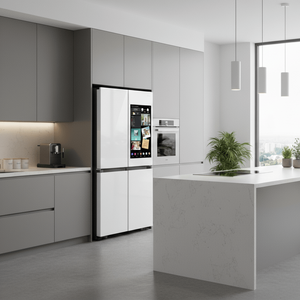 Modern kitchen with gray cabinets, white island, and large windows.