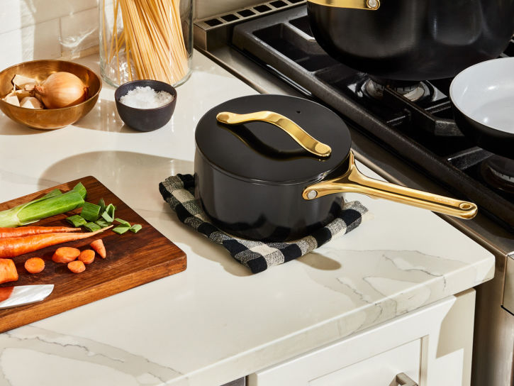 Caraway Sauce Pan in Black with Gold Handle