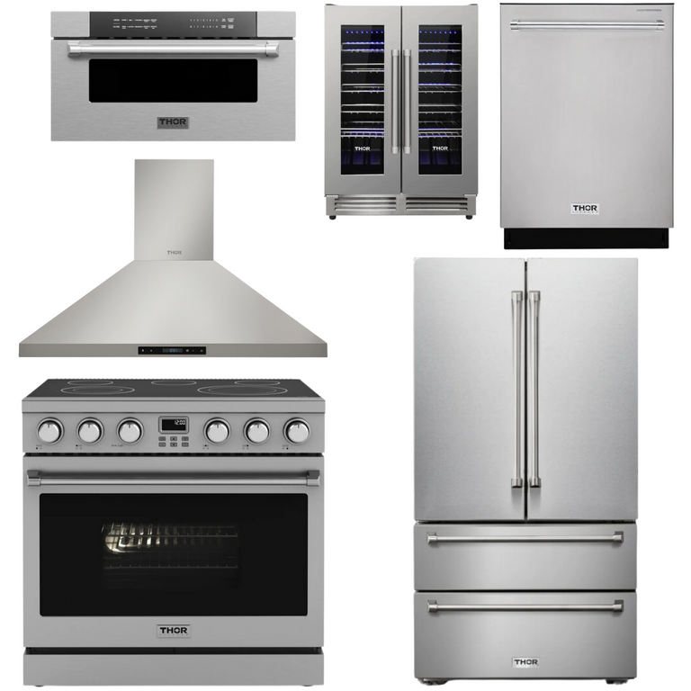 Thor Contemporary Package - 36" Electric Range, Range Hood, Refrigerator, Dishwasher, Microwave and Wine Cooler, Thor-AP-ARE36-C134