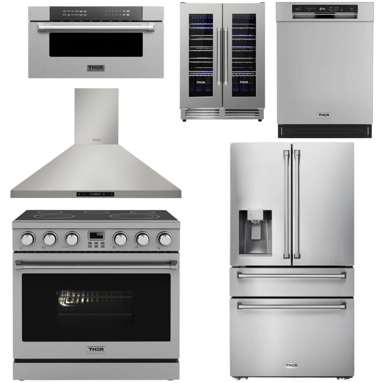Thor Contemporary Package - 36" Electric Range, Range Hood, Refrigerator, Dishwasher, Microwave and Wine Cooler, Thor-AP-ARE36-C136
