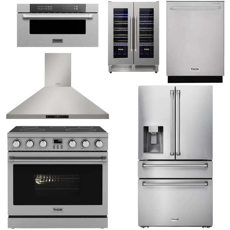 Thor Contemporary Package - 36" Electric Range, Range Hood, Refrigerator, Dishwasher, Microwave and Wine Cooler, Thor-AP-ARE36-C138