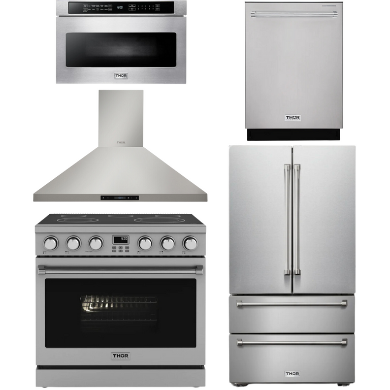 Thor Contemporary Package - 36" Electric Range, Range Hood, Refrigerator, Dishwasher and Microwave, Thor-AP-ARE36-C85
