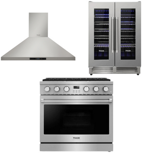 THOR Contemporary Package - 36" Gas Range, Range Hood and Wine Cooler, AP-ARG36-A22