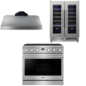 THOR Contemporary Package - 36" Gas Range, Range Hood and Wine Cooler, AP-ARG36-A23
