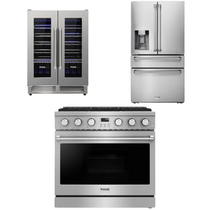 THOR Contemporary Package - 36" Gas Range, Refrigerator and Wine Cooler, AP-ARG36-A39