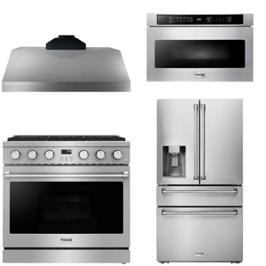 THOR Contemporary Package - 36" Gas Range, Range Hood, Refrigerator and Microwave, AP-ARG36-A66