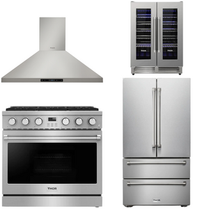 THOR Contemporary Package - 36" Gas Range, Range Hood, Refrigerator and Wine Cooler, AP-ARG36-A68