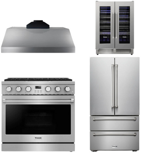 THOR Contemporary Package - 36" Gas Range, Range Hood, Refrigerator and Wine Cooler, AP-ARG36-A70