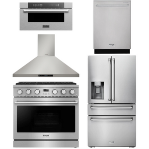 THOR Contemporary Package - 36" Gas Range, Range Hood, Refrigerator, Dishwasher and Microwave, AP-ARG36-A90