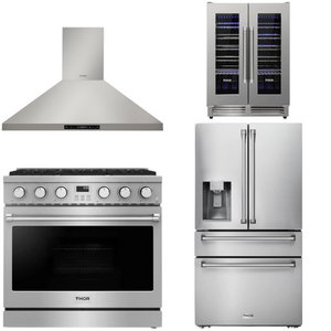 THOR Contemporary Package - 36" Gas Range, Range Hood, Refrigerator and Wine Cooler, AP-ARG36LP-B69