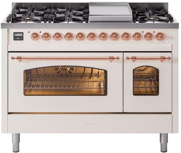 Ilve Nostalgie II 48 Dual Fuel Natural Gas Range Antique White Copper Trim UP48FNMPAWP