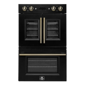 FORNO Asti 30" 7.36 cu. ft. French Door Double Electric Wall Oven with Air Fry, Self-Clean and Sous Vide in Black with Antique Brass Accents, FBOEL1340-30BLK