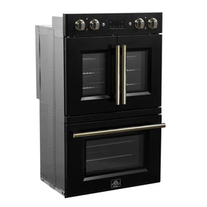 FORNO Asti 30" 7.36 cu. ft. French Door Double Electric Wall Oven with Air Fry, Self-Clean and Sous Vide in Black with Antique Brass Accents, FBOEL1340-30BLK