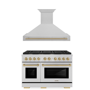 ZLINE Autograph Package - 48 In. Gas Range and Range Hood in Satin Stainless Steel with Champagne Bronze Accents, 2AKPR-RGSRH48-CB