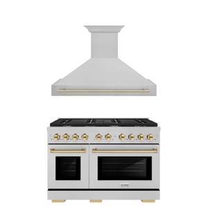 ZLINE Autograph Package - 48 In. Gas Range and Range Hood in Satin Stainless Steel with Gold Accents, 2AKPR-RGSRH48-G