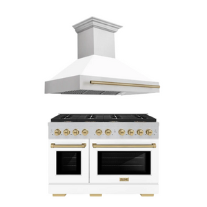 ZLINE Autograph Package - 48" Gas Range and Range Hood in Satin Stainless Steel, White Matte, Bronze Accents