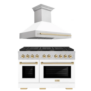 ZLINE Autograph Package - 48 In. Gas Range and Range Hood in Satin Stainless Steel with White Matte Door and Gold Accents, 2AKPR-RGSWMRH48-G