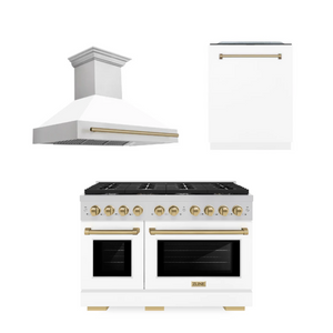 ZLINE Autograph Package - 48" Gas Range, Range Hood, and Dishwasher in White Matte and Satin Stainless Steel with Bronze Accents, 3AKPR-RASWMRHDWM48-CB, 3AKPR-RGSWMRHDWM48-CB