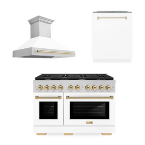ZLINE Autograph Package - 48" Gas Range, Range Hood, and Dishwasher in White Matte and Satin Stainless Steel with Gold Accents, 3AKPR-RGSWMRHDWM48-G