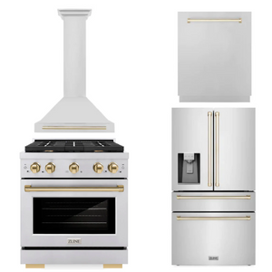 ZLINE Autograph Package - 30 In. Gas Range, Range Hood, Refrigerator, and Dishwasher in Stainless Steel with Gold Accents, 4AKPR-RGRHDWM30-G