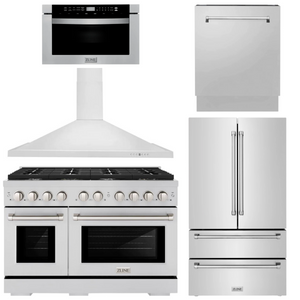 ZLINE Appliance Package - 48" Gas Range, Range Hood, 36" Refrigerator with Ice Maker, 24" Microwave Drawer and Dishwasher in Stainless Steel