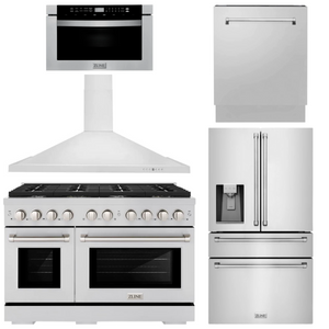 ZLINE Appliance Package - 48" Gas Range, Range Hood, 36" Refrigerator with Water/Ice Dispenser, 24" Microwave Drawer and Dishwasher in Stainless Steel