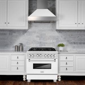 ZLINE 36" 4.6 cu. ft. Legacy Dual Fuel Range with 6 Burner Gas Cooktop and Electric Convection Oven in Satin Stainless Steel and White Matte Door, RAS-WM-36