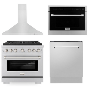 ZLINE Appliance Package - 36 in. Gas Range, Range Hood, Microwave Oven, 3 Rack Dishwasher, 4KP-RGRH36-MODWV