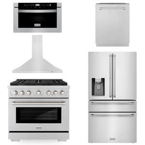 ZLINE Appliance Package - 36" Gas Range, Range Hood, 36" Refrigerator with Water/Ice Dispenser, 24" Microwave Drawer and Dishwasher in Stainless Steel