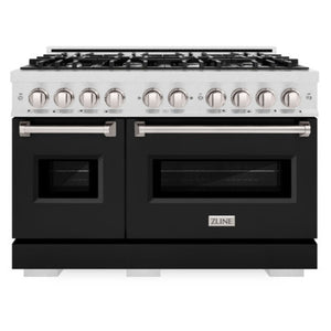 ZLINE 48" 6.7 cu. ft. Classic Double Oven Gas Range with 8 Burner Cooktop in Satin Stainless Steel with Black Matte Doors, CGRS-BLM-48