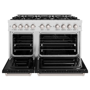 ZLINE 48" 6.7 cu. ft. Classic Double Oven Gas Range with 8 Burner Cooktop in Satin Stainless Steel with Black Matte Doors, CGRS-BLM-48