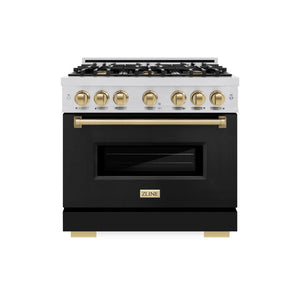 ZLINE Autograph 36" 5.2 cu. ft. Classic Gas Range with 6 Burners in Stainless Steel with Black Matte Door and Champagne Bronze Accents, CGRZ-BLM-36-CB