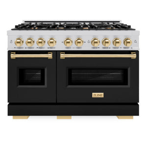 ZLINE Autograph 48" 6.7 cu. ft. Classic Double Oven Gas Range with 8 Burners in Stainless Steel with Black Matte Doors and Polished Gold Accents, CGRZ-BLM-48-G