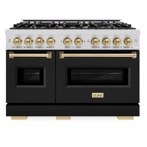 ZLINE Autograph 48" 6.7 cu. ft. Classic Double Oven Gas Range with 8 Burners in Stainless Steel with Black Matte Doors and Champagne Bronze Accents, CGRZ-BLM-48-CB
