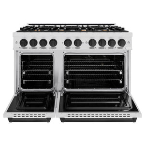 ZLINE Autograph 48" 6.7 cu. ft. Classic Double Oven Gas Range with 8 Burner Cooktop in Satin Stainless Steel and Matte Black Accents, CGRSZ-48-MB