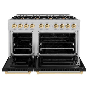 ZLINE Autograph 48" 6.7 cu. ft. Classic Double Oven Gas Range with 8 Burner Cooktop in Satin Stainless Steel with Black Matte Doors and Polished Gold Accents, CGRSZ-BLM-48-G