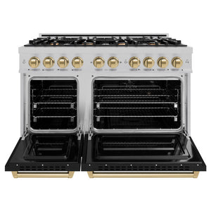 ZLINE Autograph 48" 6.7 cu. ft. Classic Double Oven Gas Range with 8 Burner Cooktop in Satin Stainless Steel with Black Matte Doors and Champagne Bronze Accents, CGRSZ-BLM-48-CB